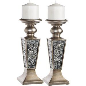 2 Silver Crackled Mosaic Pillar Candle Holders